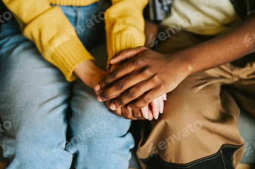 Preview: couple caucasian girl and young african american man, friends support