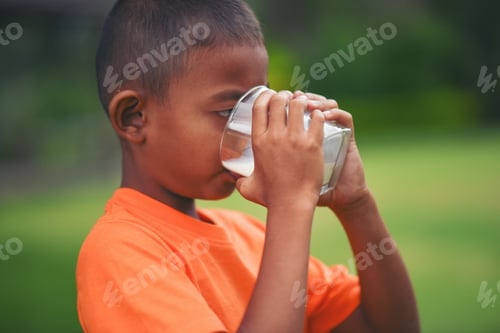 Preview: Little boy drinking milk in the park