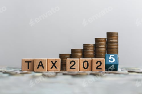 Preview: Tax 2025 concept with wooden blocks and letters. Business budget planning and investment growth