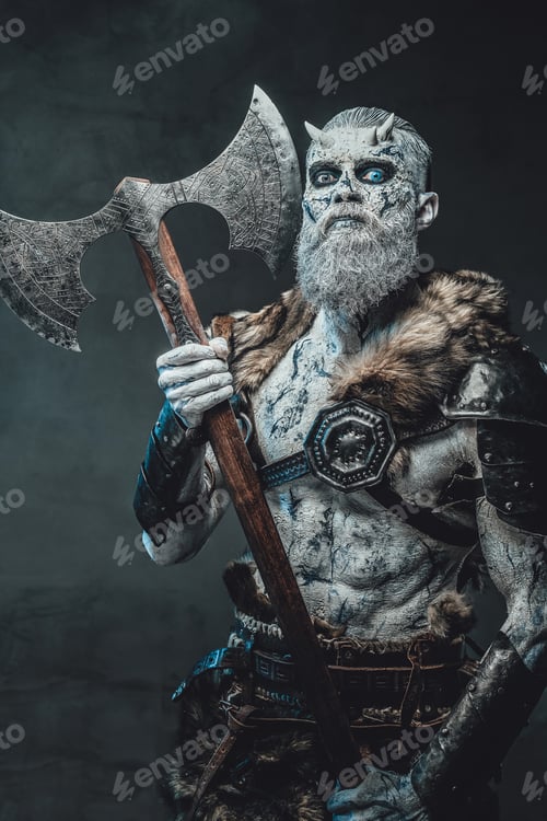 Preview: Eternal king with hatchet and pale skin in dark background
