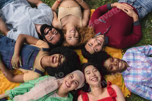 Preview: smiling group of multi-ethnic friends lie in a circle on the grass. - picnic concept -