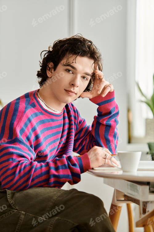Preview: Curly-haired non-binary student in a bright sweatshirt enjoying coffee at home