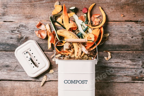 Preview: Recycle kitchen waste. Sustainable and zero waste living. Vegetable waste in recycling compost pot