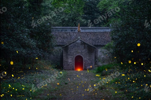 Preview: Beautiful shot of fireflies at Linggu Temple, Nanjing, Jiangsu Province, China in the evening