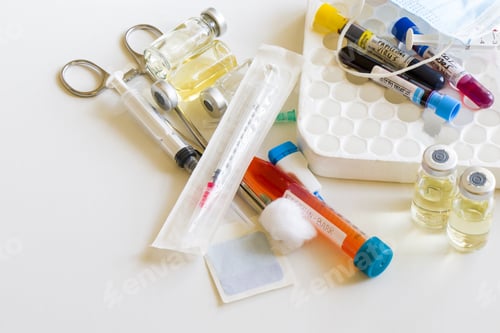 Preview: Diagnostic laboratory table with blood test samples and other equipment