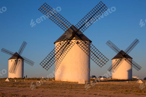 Preview: Late afternoon sunlight on the windmills of Campo de Criptana in the La Mancha region of central