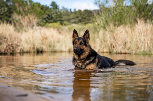 Preview: German Shepherd standing in a calm river on a sunny day.