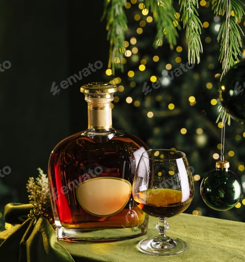 Preview: Enjoying rich whiskey beside a festive Christmas tree at a holiday gathering