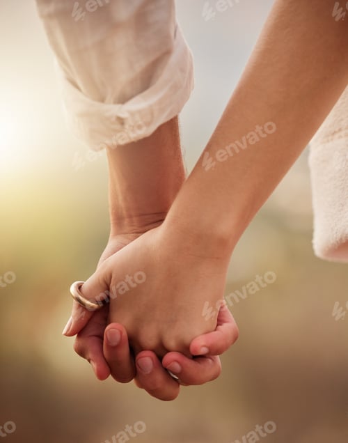 Preview: Love, romance and couple holding hands at sunset for bonding, quality time and romantic anniversary