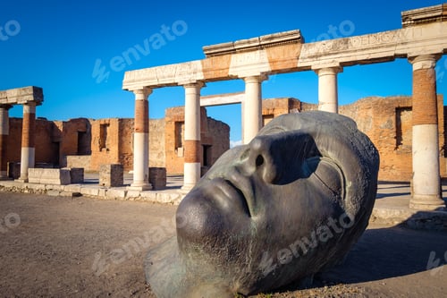 Preview: Scenic view of ruins and bronze statue in ancient Pompeii city