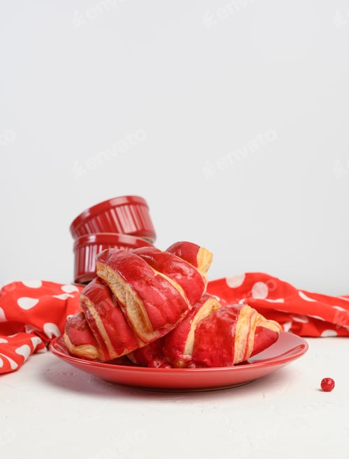 Preview: Two baked croissants with cherry glaze on a red ceramic plate, white table