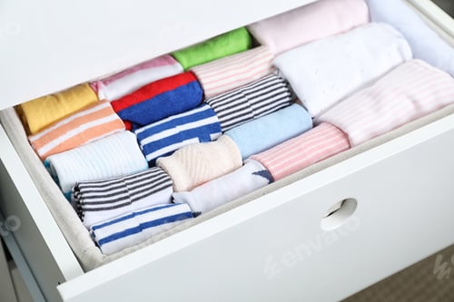 Preview: Wardrobe drawer with many child socks, closeup