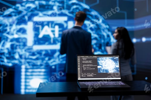 Preview: Focus on laptop running AI cognitive computing tech used by IT staff members