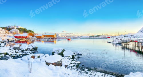 Preview: Amazing winter scenery of Moskenes village with ferryport and famous Moskenes parish Churc