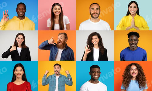 Preview: Diverse group of happy people celebrating joy and positivity in a collage