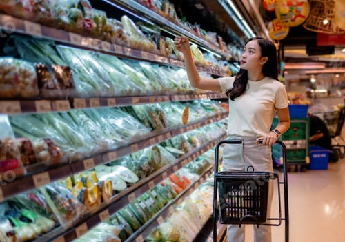 Preview: Young woman choosing fresh vegetables in supermarket refrigerated section pushing shopping cart