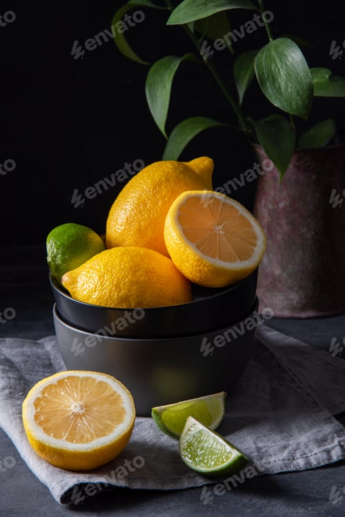 Preview: juicy lemons and limes in a black bowl on a gray table. Dark and mood concept