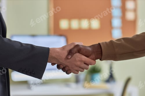 Preview: Two people shaking hands in office in business meeting or greeting gesture