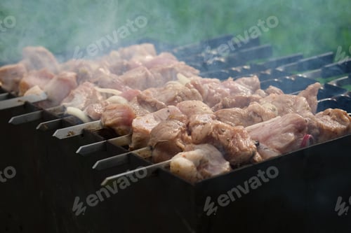 Preview: Process of cooking shashlik from pickled meat outdoor, img 6 of 17