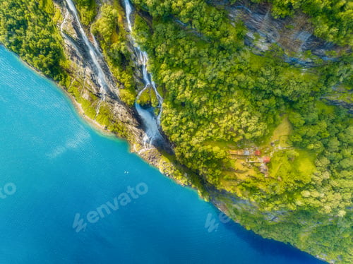 Preview: Nature in the Geiranger Fjord, Norway. Traveling by boat on a Norwegian fjord. Scandinavia.