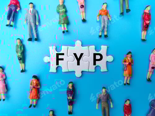 Preview: Miniature people with the word FYP on blue background.