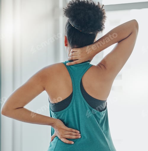 Preview: Black woman, neck and back pain at exercise, training or workout for physical development in home.