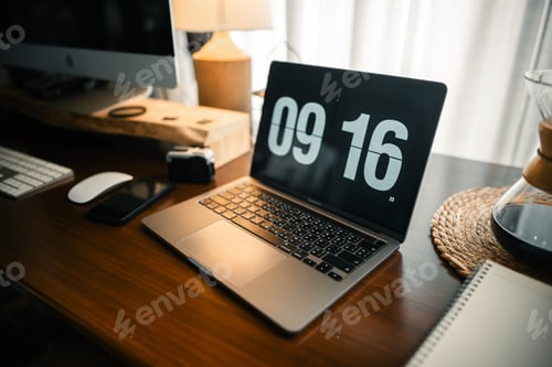 Preview: Home computer desk and digital clock on screen