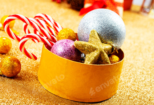 Preview: Rich Christmas composition. Lots of objects - candy canes, Christmas balls, cones, candles.