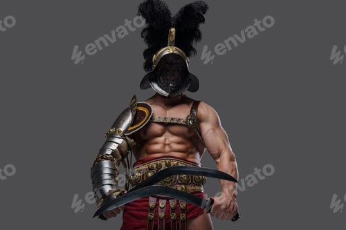 Preview: Combative gladiator with twin swords against gray background