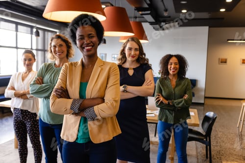 Preview: Portrait of happy diverse female colleagues in casual meeting in office