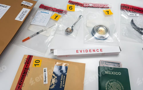 Preview: Syringe and spoon in police drug investigation department, concept image