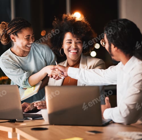 Preview: Night, handshake and business people in discussion in office with partnership, deal or collaboratio
