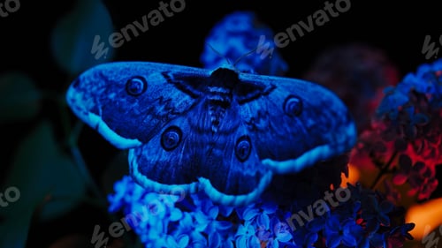 Preview: European Night Butterfly - Saturnia Pyri, Giant Peacock Moth On Lilac Branch