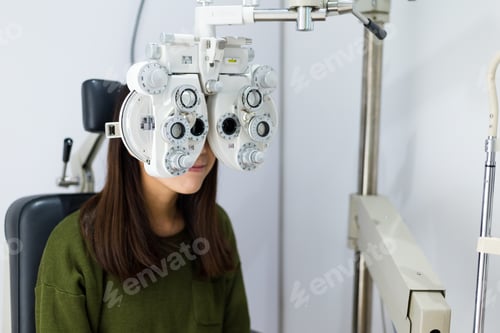 Preview: Woman doing eye test in optical clinic