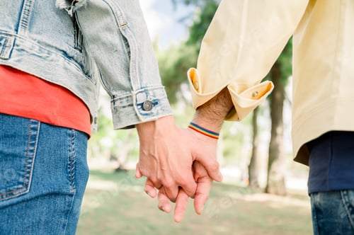Preview: Hands of unrecognizable homosexual male couple with LGBT rainbow bracelet