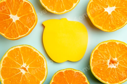 Preview: top view fresh tangerine slices with sticker on a light-blue background fruit juice citrus orange