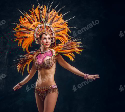 Preview: Beautiful young female in special feather costume is dacing