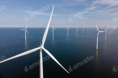 Preview: Wind turbine from aerial view, Drone view at windpark westermeerdijk a windmill farm in the lake