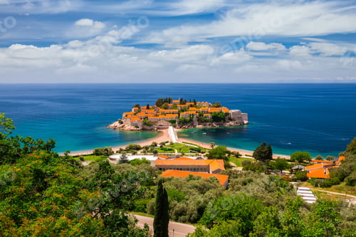 Preview: Aerial view of Sveti Stefan island in Budva, Montenegro.