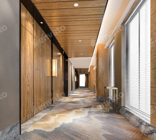 Preview: 3d rendering modern luxury wood and tile hotel corridor