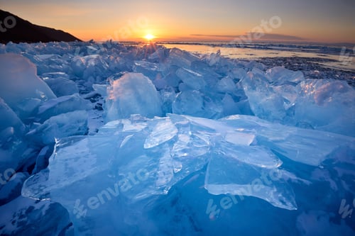 Preview: Stacked broken ice at sunset, Baikal Lake, Olkhon Island, Siberia, Russia