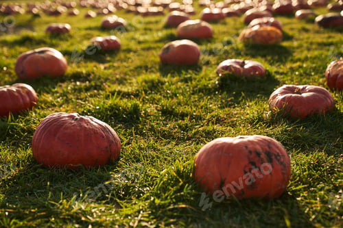 Preview: Ripe pumpkins placed on grass during harvesting season.