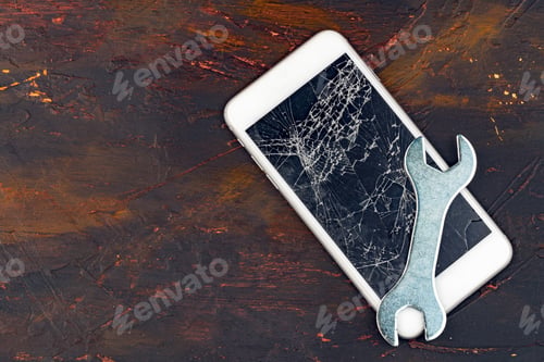 Preview: Smartphone repair concept. Damaged display of smartphone and tools