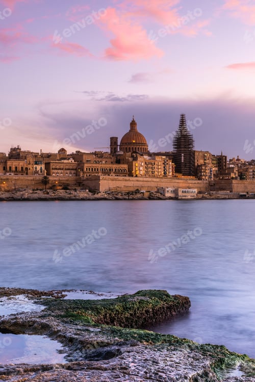 Preview: Architecture of. Valletta, Malta in warm sunset colors