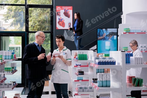 Preview: Customer asking pharmacist to read instruction on medicine package