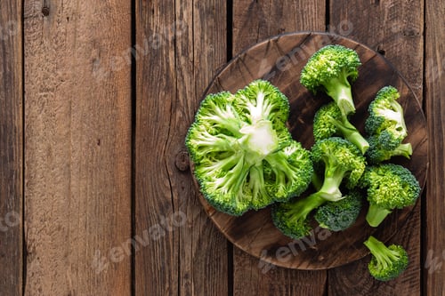 Preview: Fresh broccoli on wooden rustic table, top view