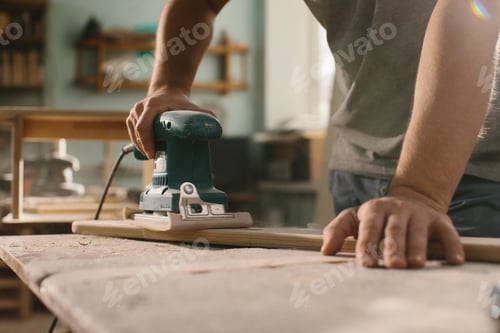 Preview: Grinding machine makes wooden polishing of bar plank.