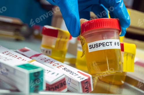 Preview: Forensic police take urine bottle of murder suspect to crime lab for analysis, concept image
