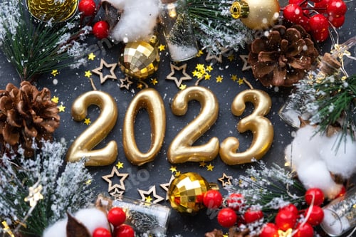Preview: The golden figures 2023 made of candles on a black stone slate background