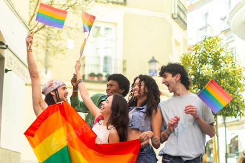 Preview: Young activists waving rainbow flags at pride parade celebrating lgbtq plus community